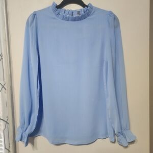 Chic Light Blue Women's Blouse with Ruffled Neckline